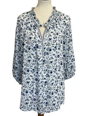 Max Studio 1X Blue & White Floral Peasant Tunic Blouse